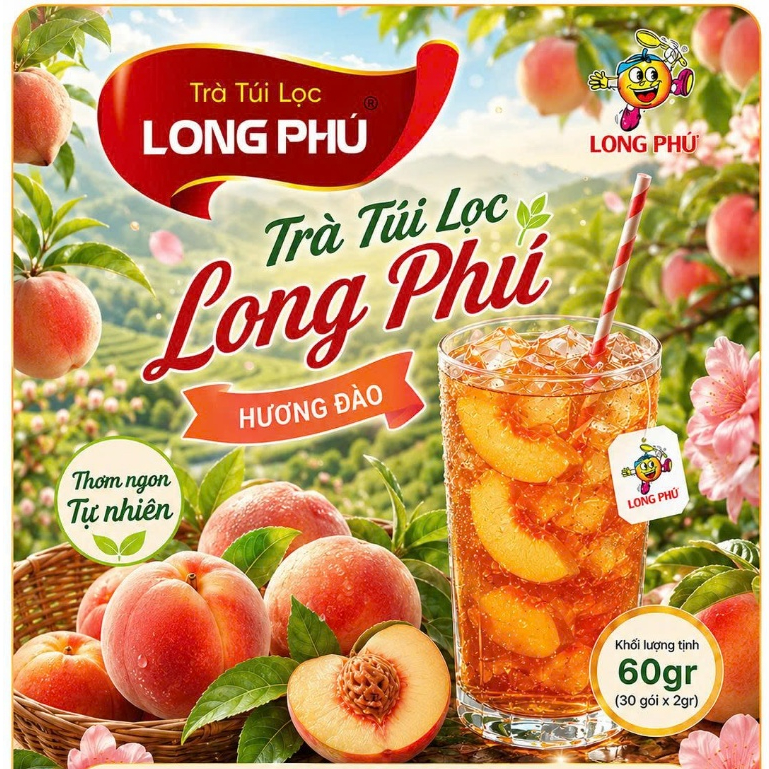 Trà Đào, Trà Vải, Trà Tắc Túi Lọc Long Phú 60gr(30 gói x 2gr) - Chuyên Pha Trà, Gói Nhỏ Tiện Lợi, Dễ Uống