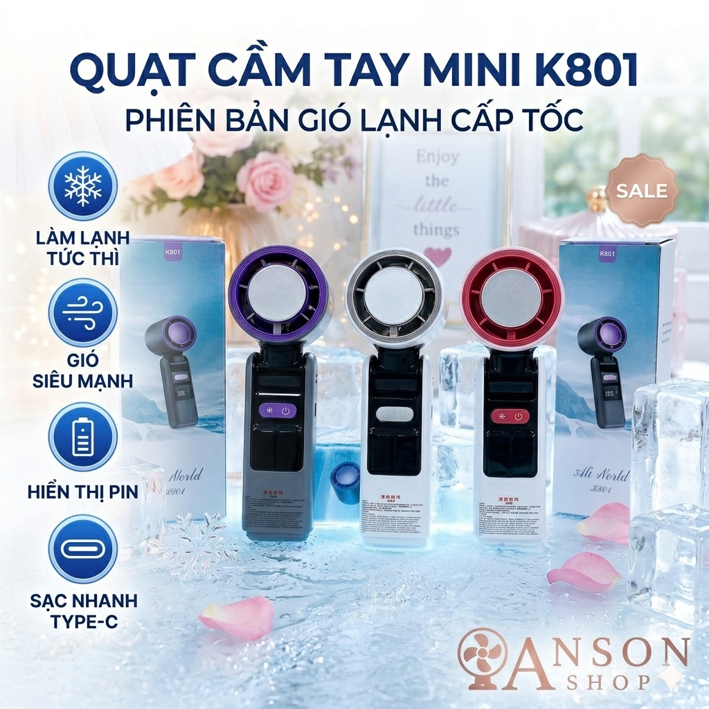 Quạt Cầm Tay Mini K801 Sạc USB Màn Hình LED 100 Cấp Gió Pin Dung Lượng Cao Quạt Tích Điện Cầm Tay
