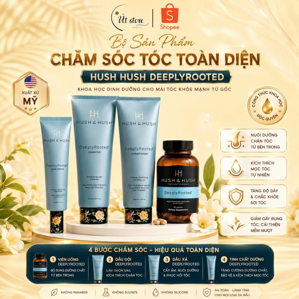 Bộ Dầu Gội Xả Deeply Rooted Hush & Hush Chính Hãng Viên Uống Dưỡng Tóc, Tinh Chất Kích Thích Mọc Tóc