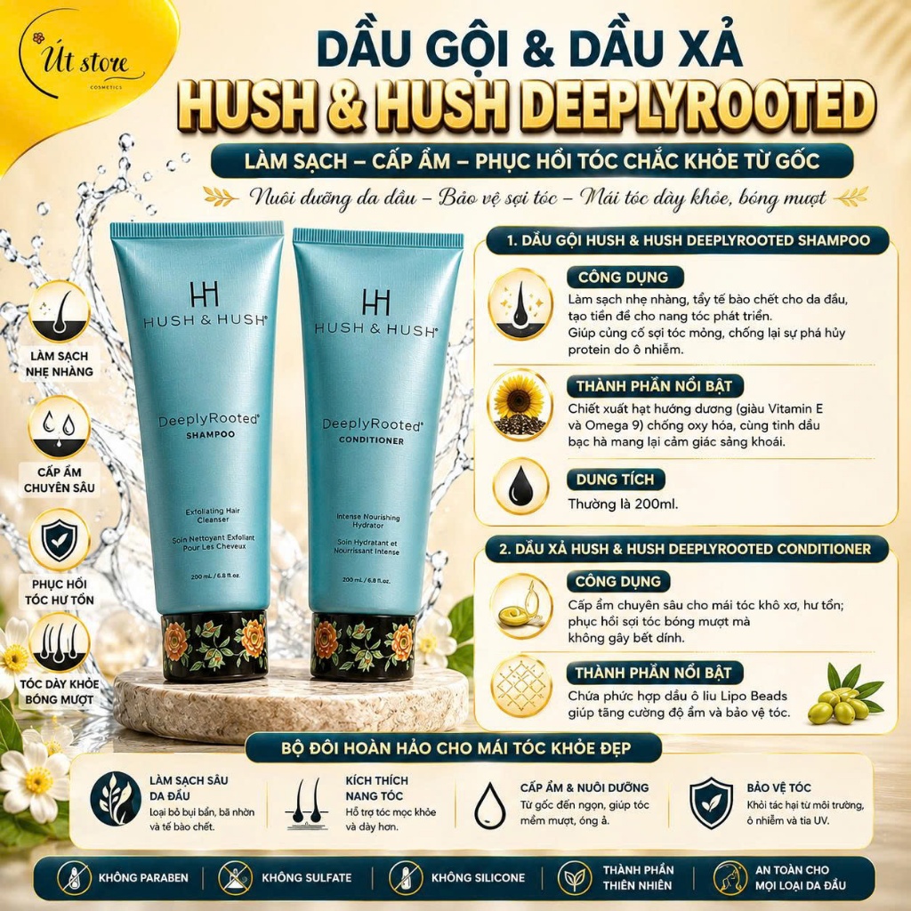 Bộ Dầu Gội Xả Deeply Rooted Hush & Hush Chính Hãng Viên Uống Dưỡng Tóc, Tinh Chất Kích Thích Mọc Tóc