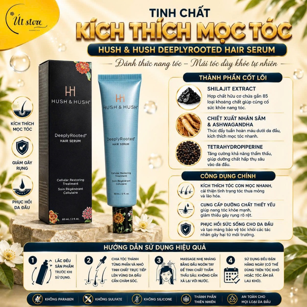 Bộ Dầu Gội Xả Deeply Rooted Hush & Hush Chính Hãng Viên Uống Dưỡng Tóc, Tinh Chất Kích Thích Mọc Tóc