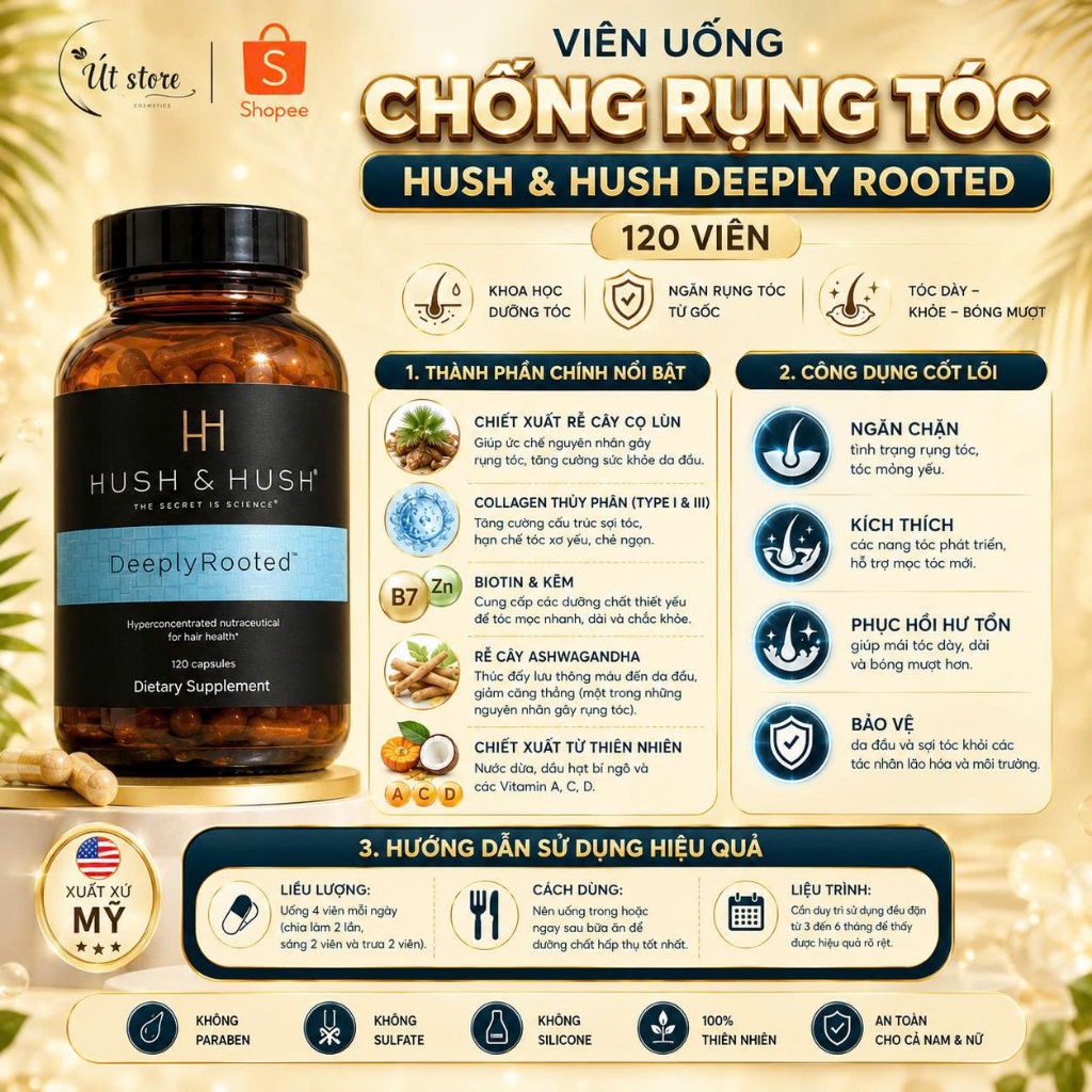 Bộ Dầu Gội Xả Deeply Rooted Hush & Hush Chính Hãng Viên Uống Dưỡng Tóc, Tinh Chất Kích Thích Mọc Tóc
