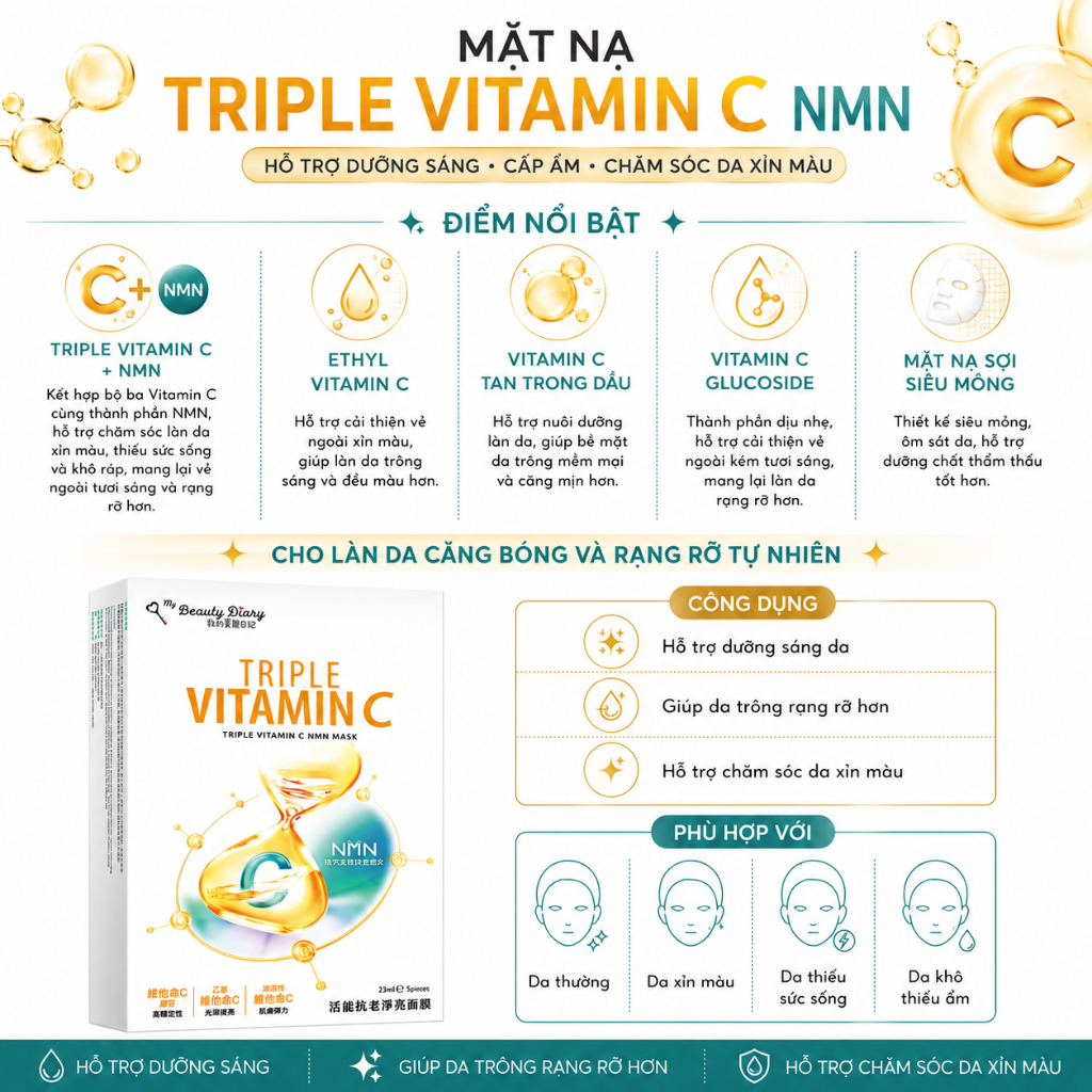 My Beauty Diary Triple Vitamin A & B NMN Mask 5 Miếng/Hộp | Dưỡng Ẩm, Chăm Sóc Da Mềm Mịn