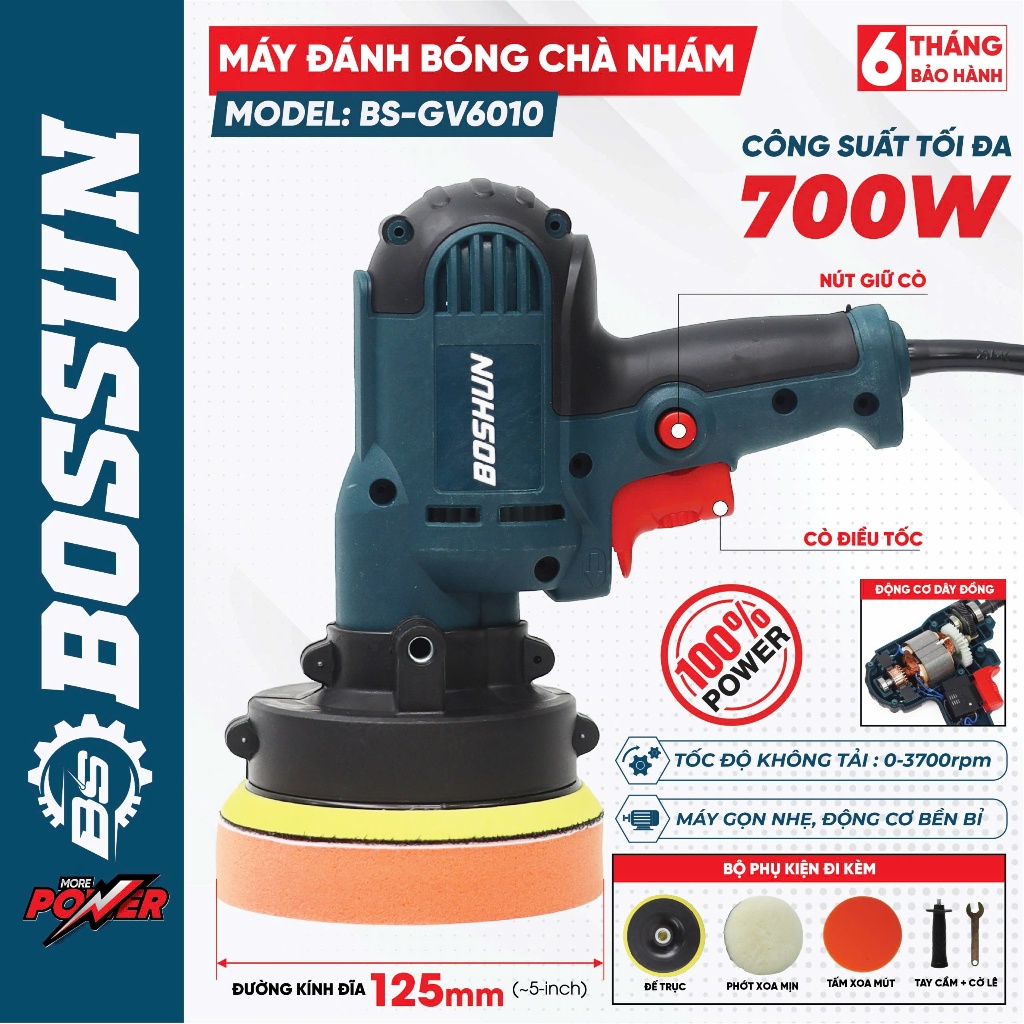 Máy Đánh Bóng Cầm Tay BS BOSSUN BS-GV6010, Tùy Chỉnh Tốc Độ - Công Suất 700W - Lưỡi 125mm