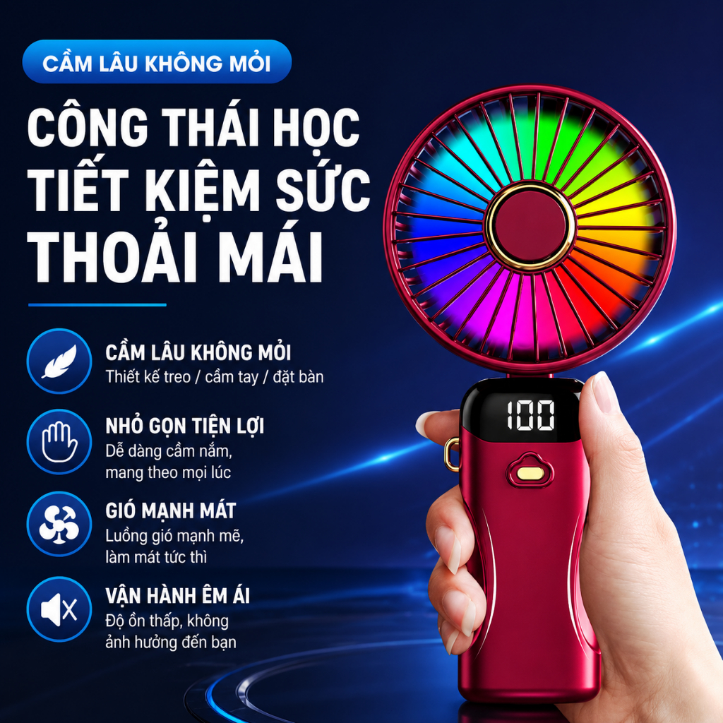 Quạt cầm tay N20 6 tốc độ gió, quạt bàn gấp 90 độ, quạt làm mát mùa hè, có đèn LED 7 màu, pin lớn lâu, dễ vệ sinh, đa nă