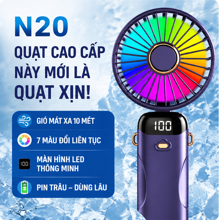 Quạt cầm tay N20 6 tốc độ gió, quạt bàn gấp 90 độ, quạt làm mát mùa hè, có đèn LED 7 màu, pin lớn lâu, dễ vệ sinh, đa nă
