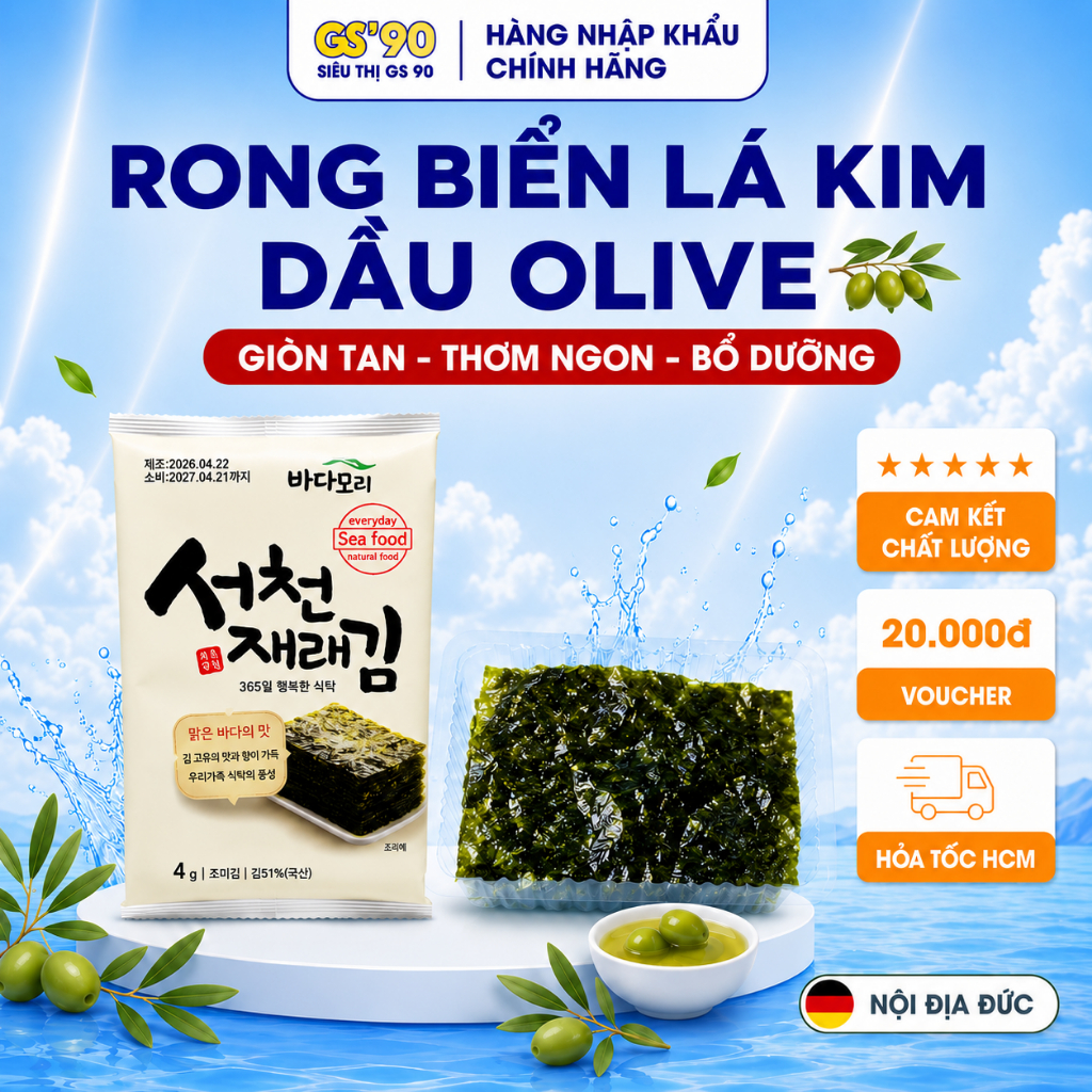 Rong Biển Lá Kim Ăn Liền Tẩm Olive Hàn Quốc, Vị Ngon Dễ Ăn Dùng Chay Mặn Dinh Dưỡng