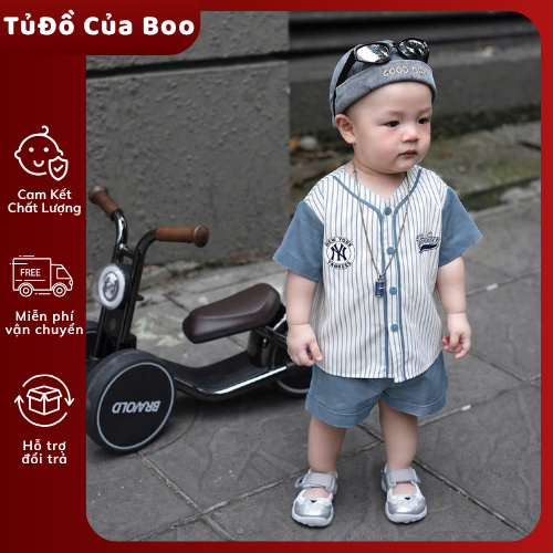 Bộ Đồ Bé Trai Baseball Yankees,Áo Baseball Sọc Xanh+Quần Short Cotton,Bộ Quần Áo Bé Trai Mùa Hè A23