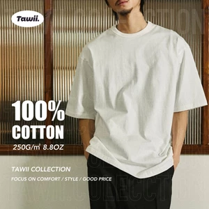 Tawii. Áo Thun Trơn Cổ Tròn Nam Nữ Cotton Oversize T-Shirt 250gsm áo phông nam