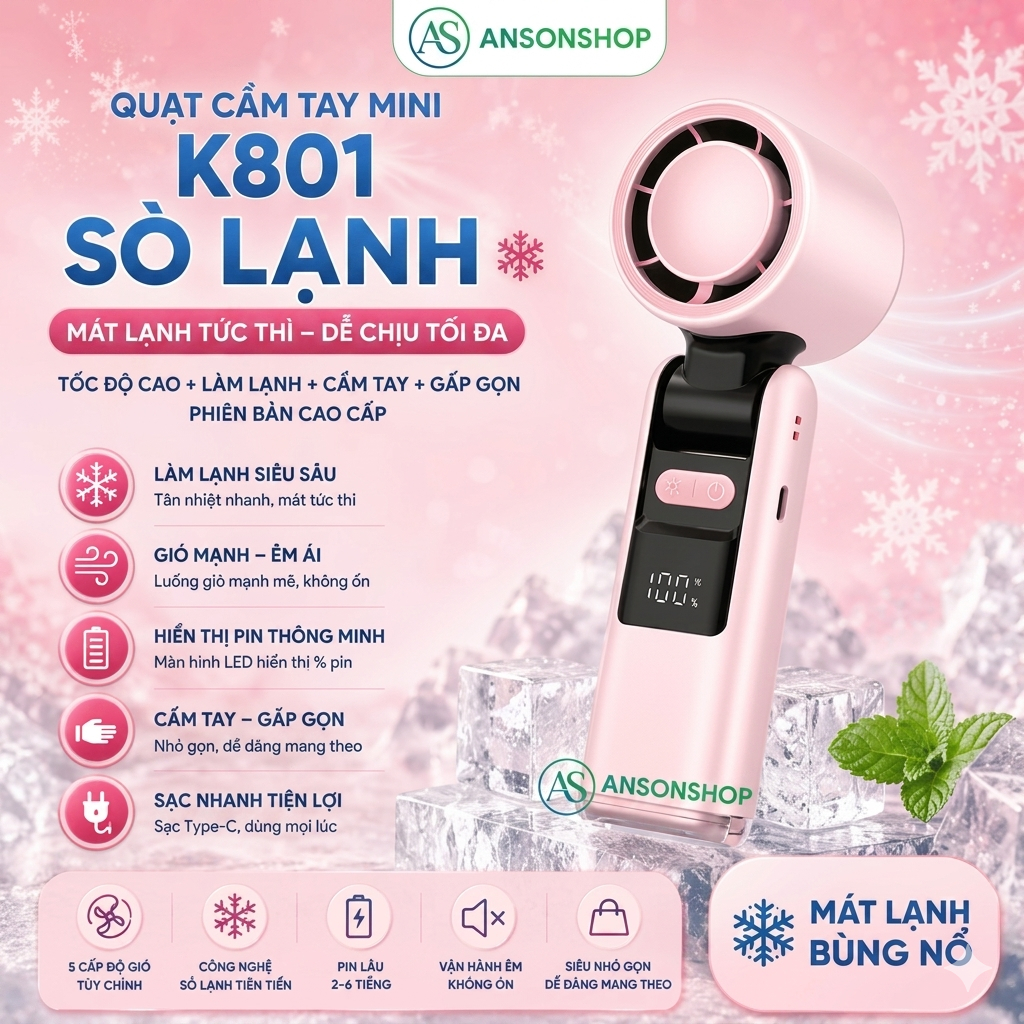 Quạt Cầm Tay Mini K801 Sạc USB Màn Hình LED 100 Cấp Gió Pin Dung Lượng Cao Quạt Tích Điện Cầm Tay