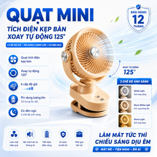 Quạt Tích Điện Kẹp Bàn FS-001, Pin 4000mAh Dùng Liên Tục 15h (Mức gió thấp nhât), 6 cấp độ gió, 3 chế độ đèn, BH 1 Năm