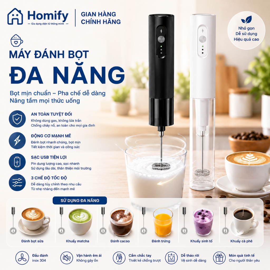 Máy Đánh Bọt Sữa Homify 10W Pin Sạc Tiện Lợi, Tạo Foam Cà Phê Latte Cappuccino, Đa Năng 3 Đầu, Bảo Hành 12 Tháng