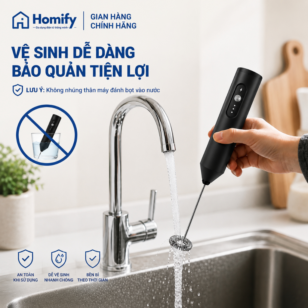Máy Đánh Bọt Sữa Homify 10W Pin Sạc Tiện Lợi, Tạo Foam Cà Phê Latte Cappuccino, Đa Năng 3 Đầu, Bảo Hành 12 Tháng
