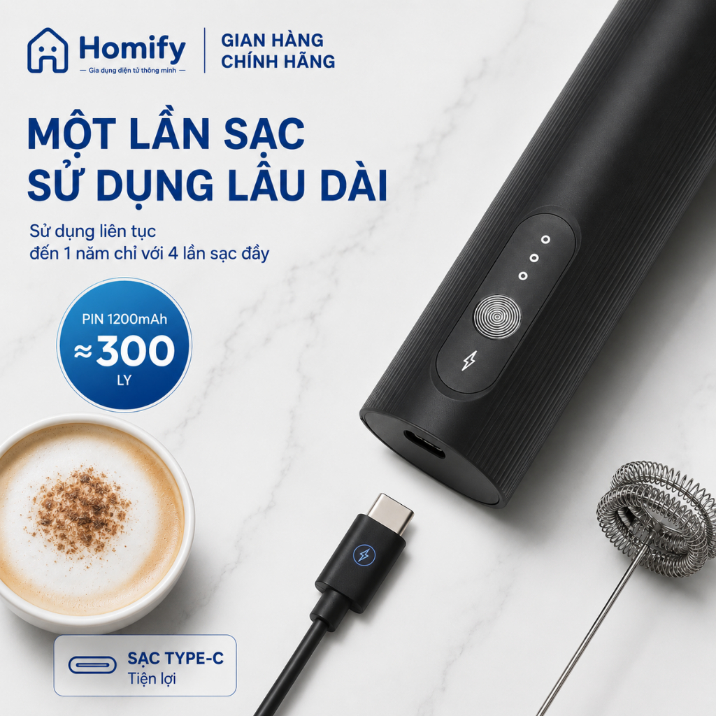 Máy Đánh Bọt Sữa Homify 10W Pin Sạc Tiện Lợi, Tạo Foam Cà Phê Latte Cappuccino, Đa Năng 3 Đầu, Bảo Hành 12 Tháng