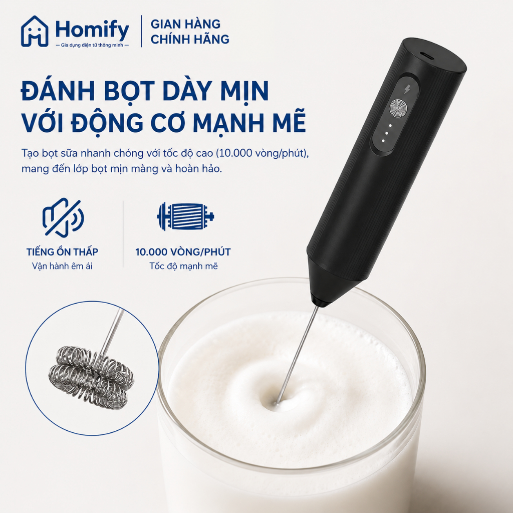 Máy Đánh Bọt Sữa Homify 10W Pin Sạc Tiện Lợi, Tạo Foam Cà Phê Latte Cappuccino, Đa Năng 3 Đầu, Bảo Hành 12 Tháng