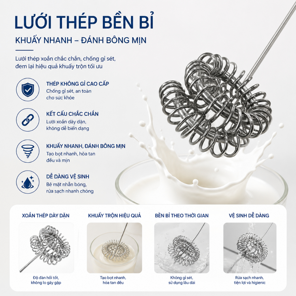 Máy Đánh Bọt Sữa Homify 10W Pin Sạc Tiện Lợi, Tạo Foam Cà Phê Latte Cappuccino, Đa Năng 3 Đầu, Bảo Hành 12 Tháng