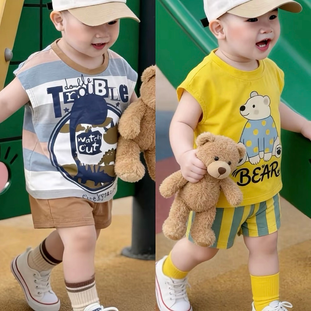 Bộ Ba Lỗ Bé Trai Mùa Hè In Hình Gấu Bear Cá Sấu Gator, Thun lạnh  Mềm Mát, Quần Short Co Giãn Cho Bé 6-41kg.