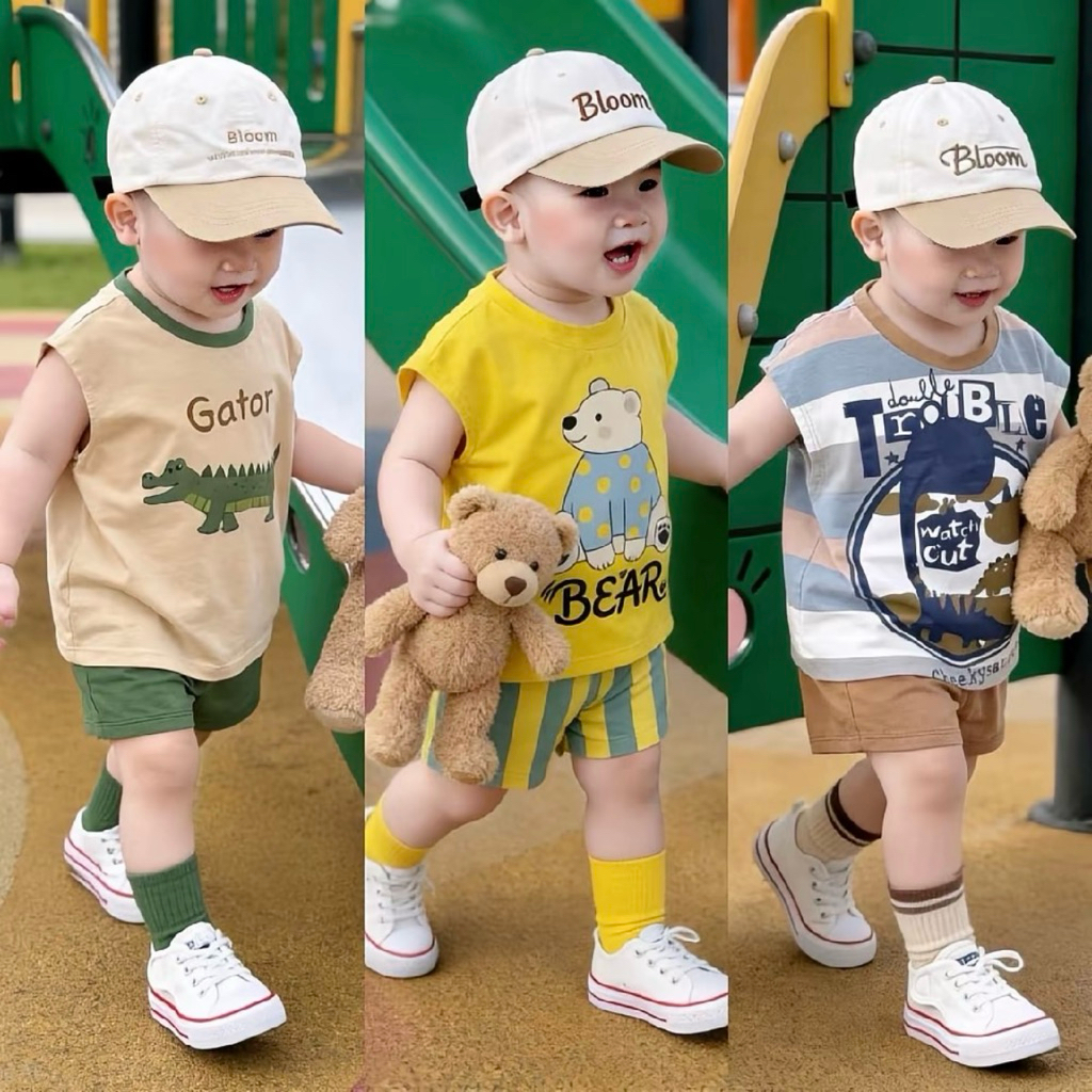 Bộ Ba Lỗ Bé Trai Mùa Hè In Hình Gấu Bear Cá Sấu Gator, Thun lạnh  Mềm Mát, Quần Short Co Giãn Cho Bé 6-41kg.