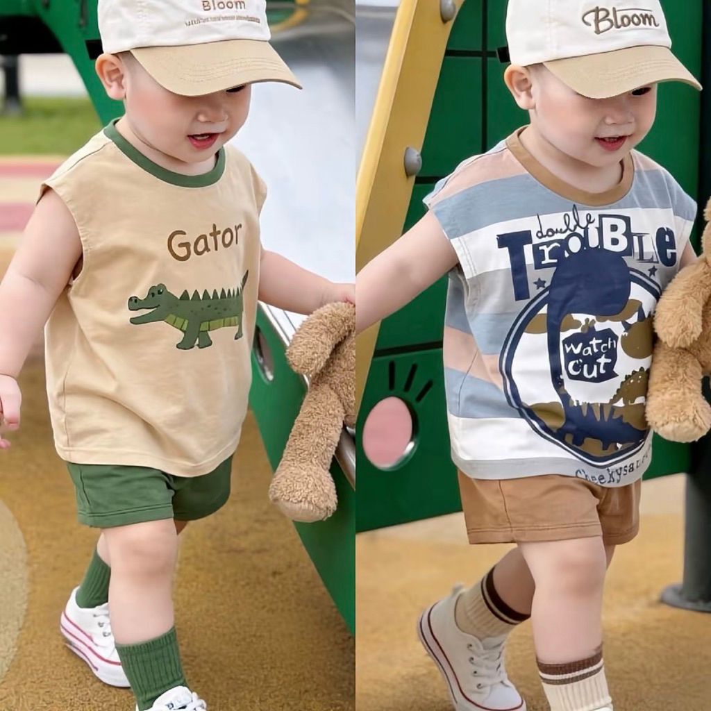Bộ Ba Lỗ Bé Trai Mùa Hè In Hình Gấu Bear Cá Sấu Gator, Thun lạnh  Mềm Mát, Quần Short Co Giãn Cho Bé 6-41kg.