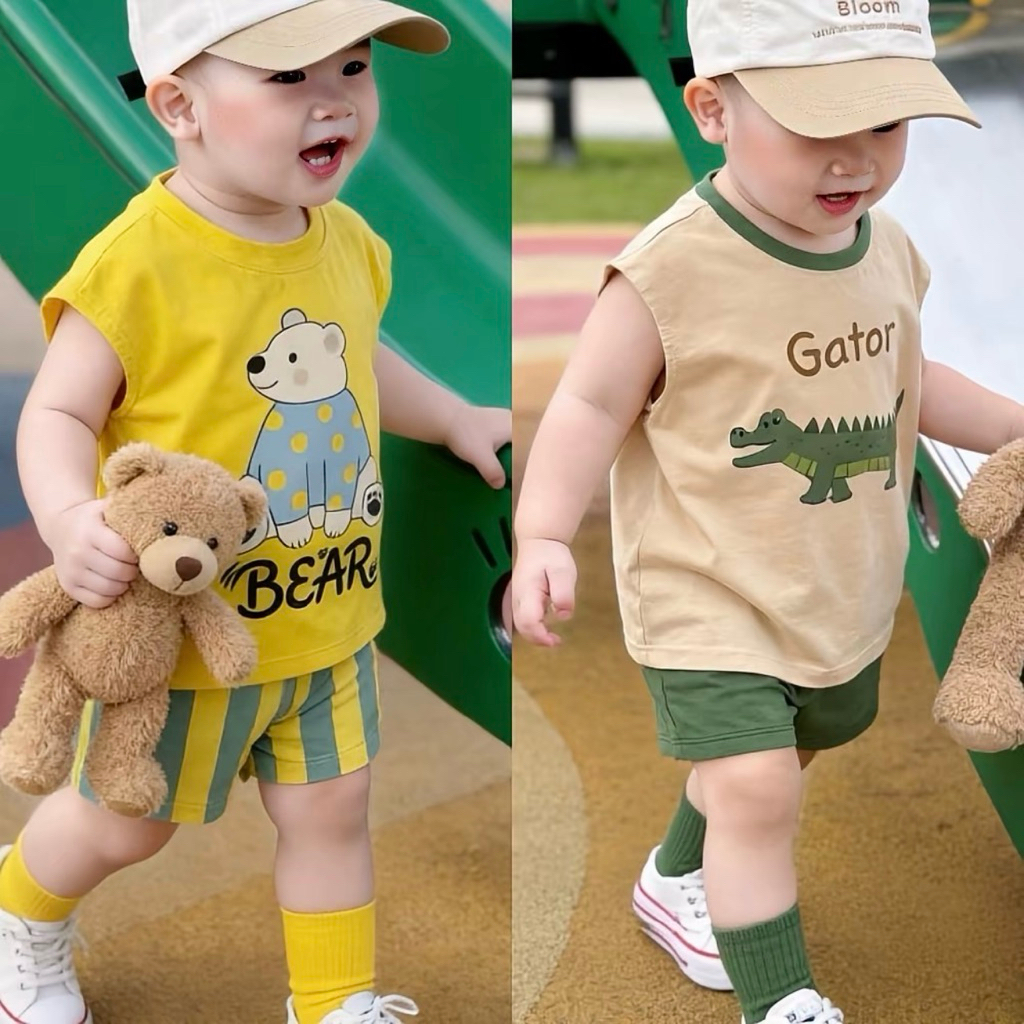 Bộ Ba Lỗ Bé Trai Mùa Hè In Hình Gấu Bear Cá Sấu Gator, Thun lạnh  Mềm Mát, Quần Short Co Giãn Cho Bé 6-41kg.