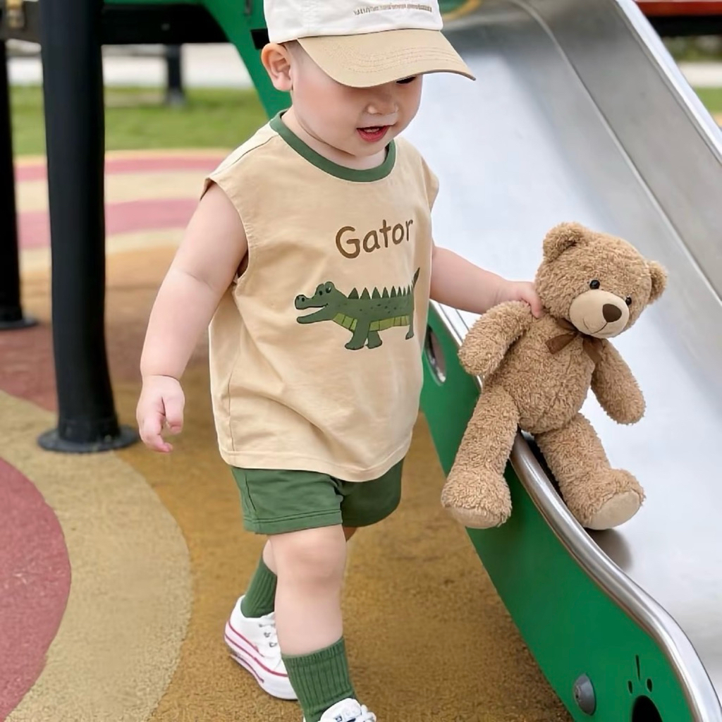 Bộ Ba Lỗ Bé Trai Mùa Hè In Hình Gấu Bear Cá Sấu Gator, Thun lạnh  Mềm Mát, Quần Short Co Giãn Cho Bé 6-41kg.