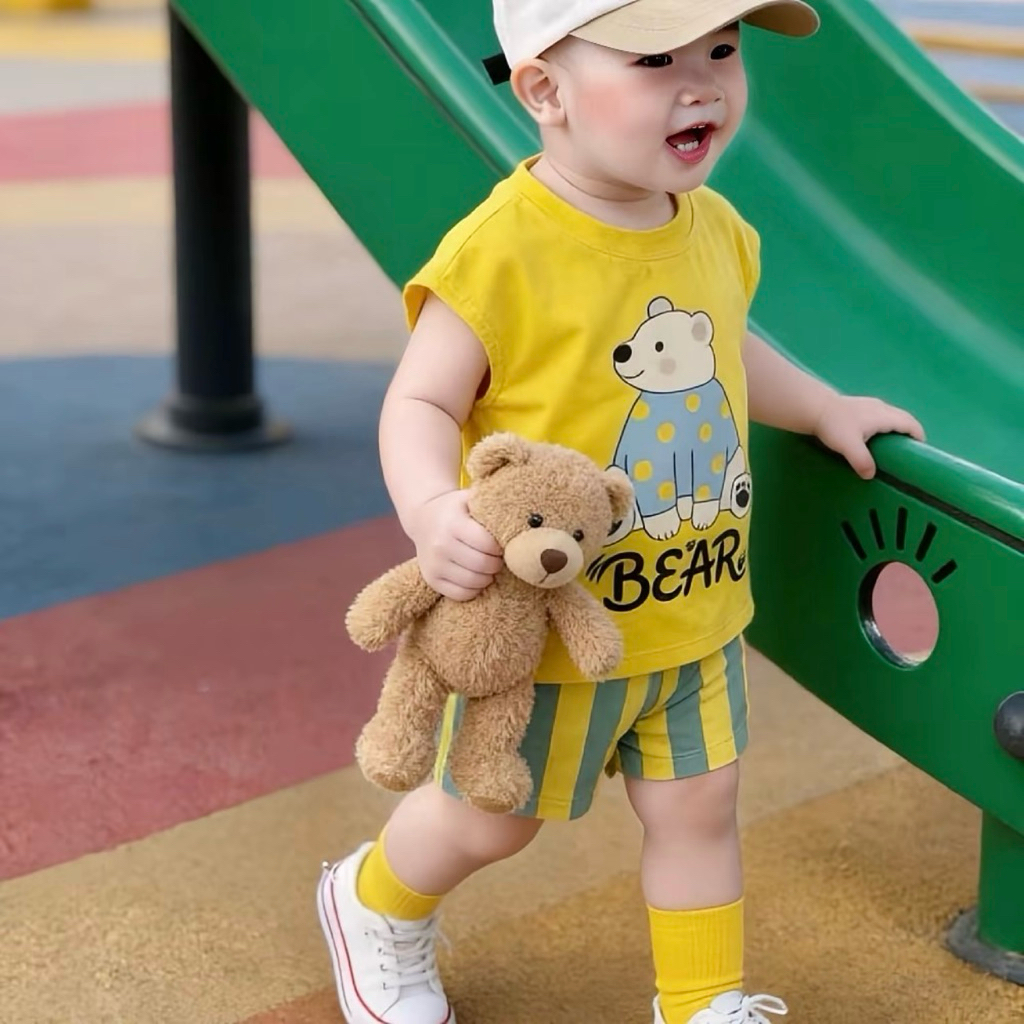 Bộ Ba Lỗ Bé Trai Mùa Hè In Hình Gấu Bear Cá Sấu Gator, Thun lạnh  Mềm Mát, Quần Short Co Giãn Cho Bé 6-41kg.