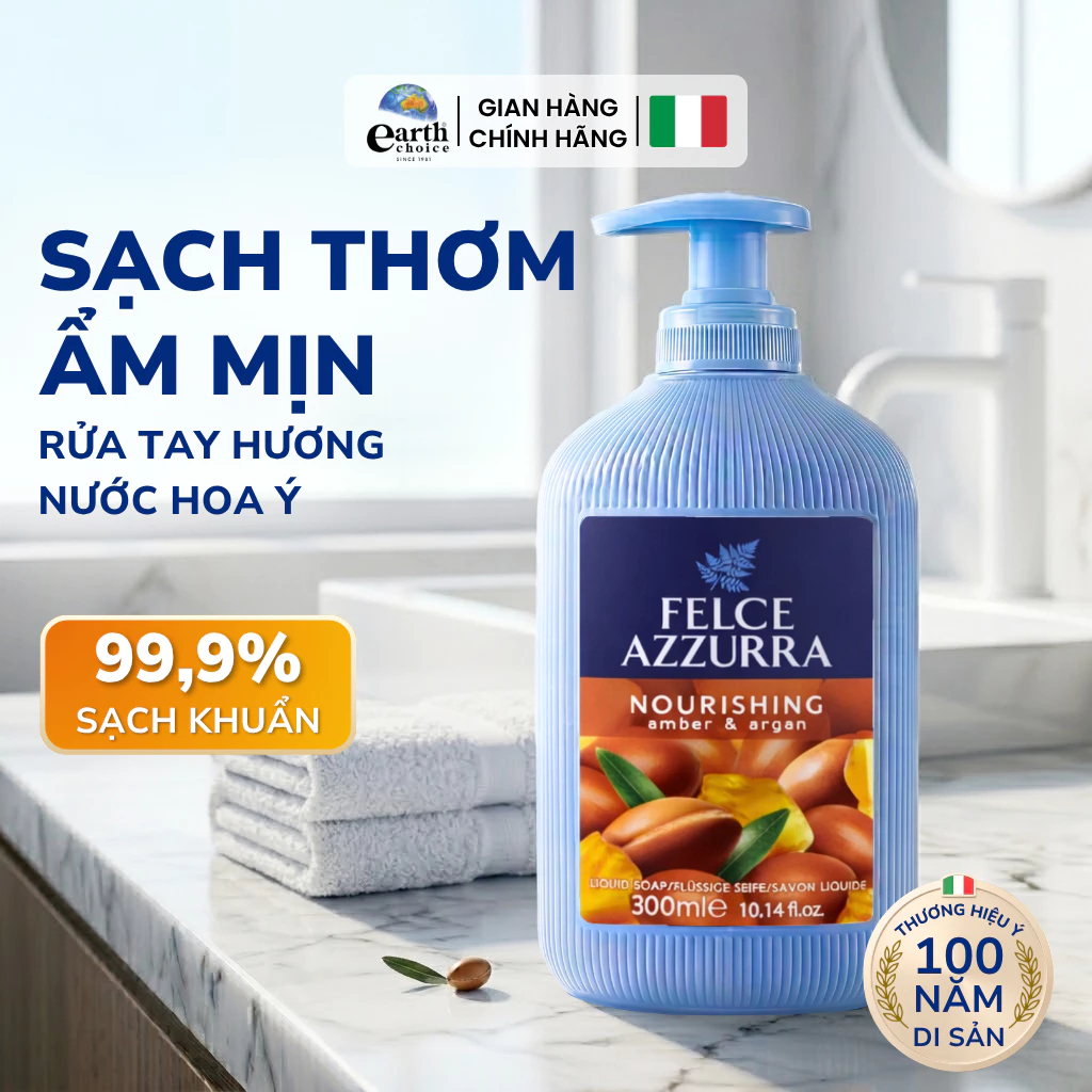 Sữa rửa tay diệt khuẩn, hữu cơ hương nước hoa Felce Azzurra Date 2029 - 300ml - NK Ý