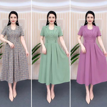 Đầm Trung Niên TATISSHOP Cổ Vest Cho Mẹ Dự Tiệc Sang Trọng, Váy Nữ Chất Lụa Mềm Mịn VEST.