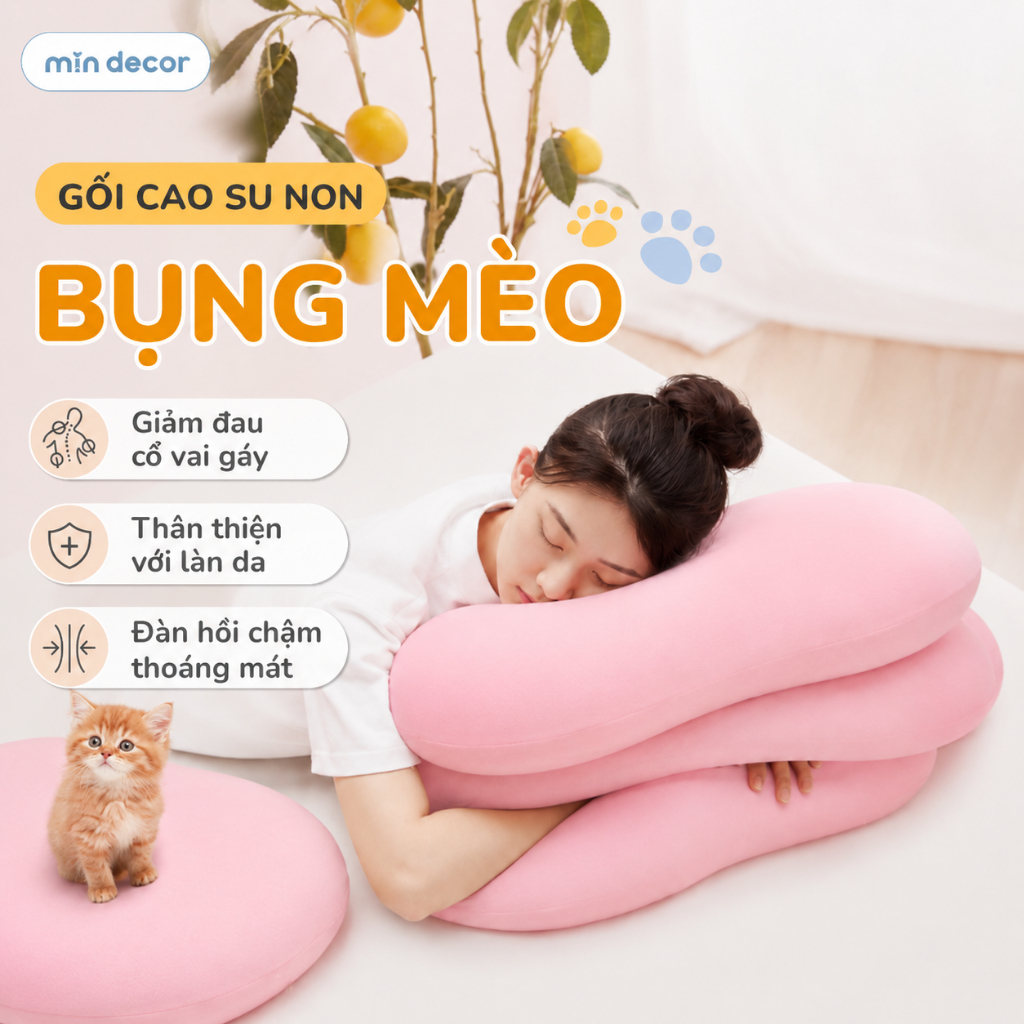 Gối Bụng Mèo Cao Su Non 3D Mịn Decor, Gối Memory Foam Nâng Đỡ Cổ Vai Gáy, Giảm Đau Mỏi, Đàn Hồi