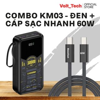 Sạc Dự Phòng Kozmo KM03 - Chuẩn 3C Quốc Tế, 30.000mAh, Dung Lượng Thật, Sạc 3-4 Lần Cho IP 14Promax