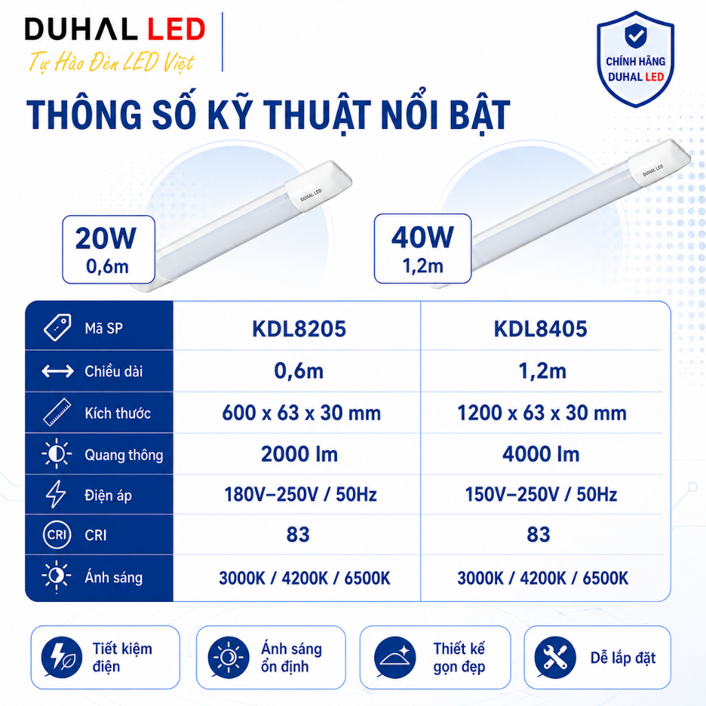 Đèn Led bán nguyệt DUHAL KDL 20W 40W dài 0,6m 1,2m Ánh sáng 3000K/6500K/4200K - Chính hãng