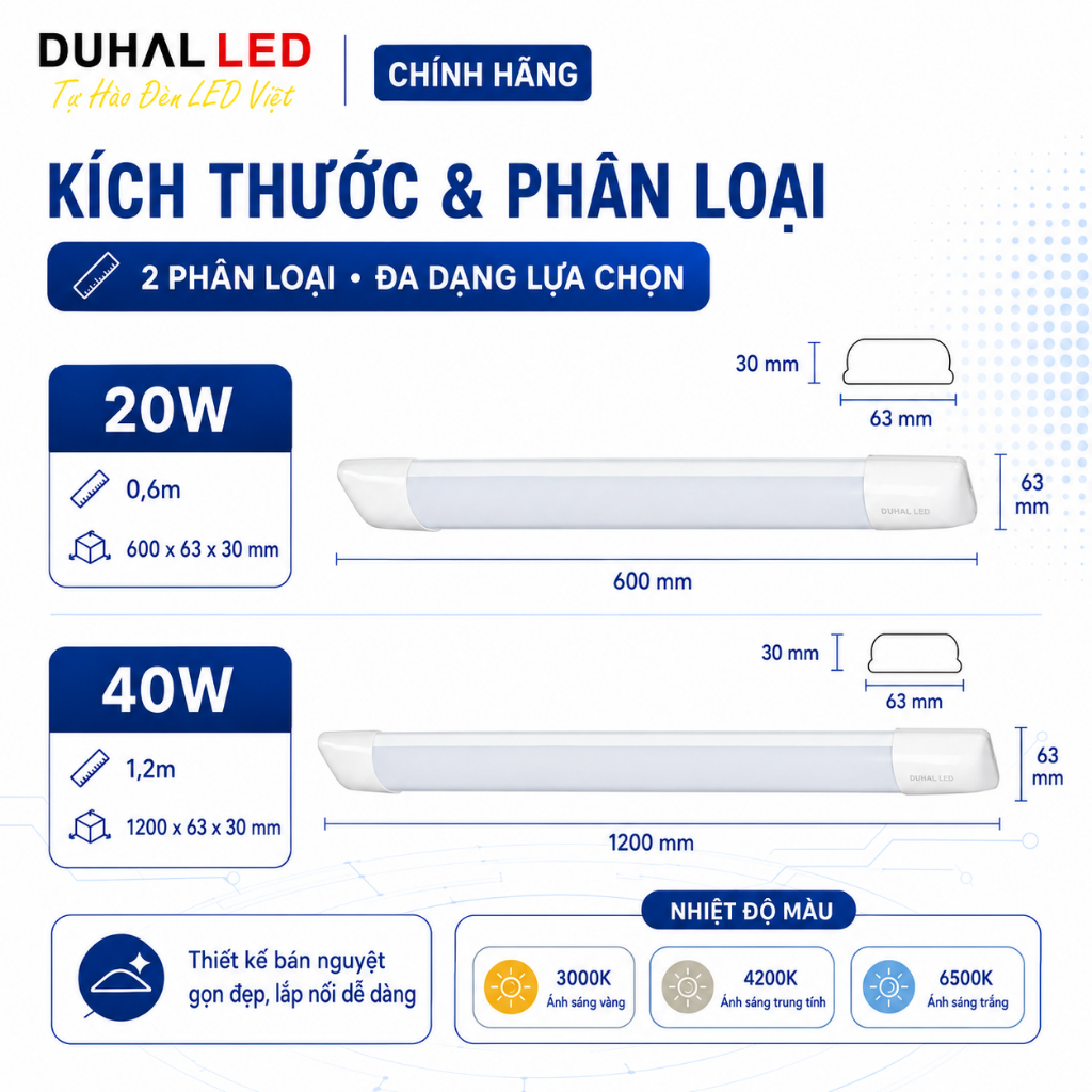 Đèn Led bán nguyệt DUHAL KDL 20W 40W dài 0,6m 1,2m Ánh sáng 3000K/6500K/4200K - Chính hãng