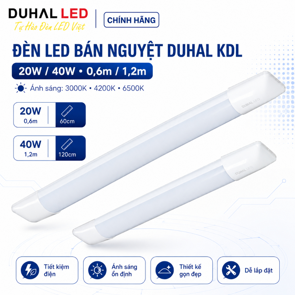 Đèn Led bán nguyệt DUHAL KDL 20W 40W dài 0,6m 1,2m Ánh sáng 3000K/6500K/4200K - Chính hãng