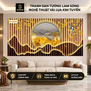 Tranh dán tường họa tiết lam sóng nghệ thuật, vải lụa kim tuyến cao cấp, tranh treo phòng khách