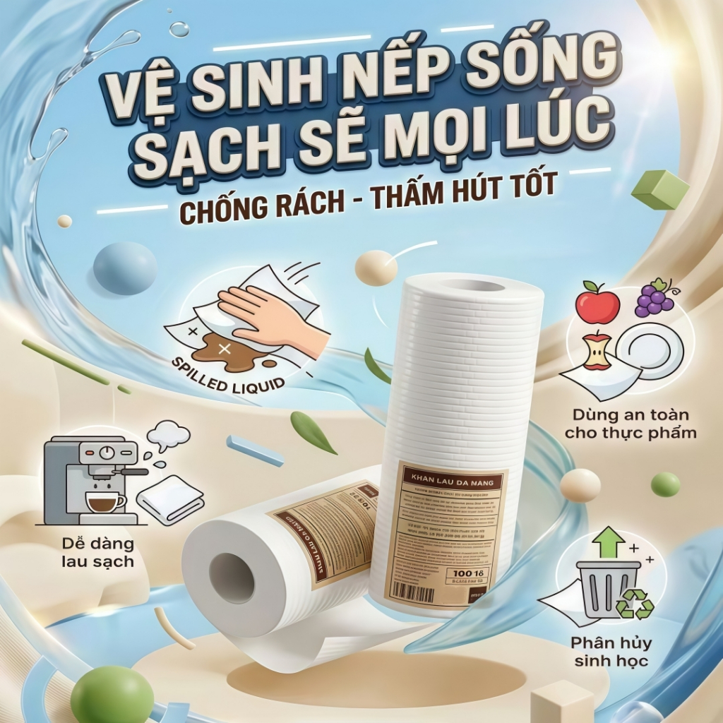 Khăn Lau Bếp Đa Năng MLILY Dạng Cuộn 100 Tờ 25x25cm Tăng Độ Dày Thấm Hút Mạnh Bền Dai
