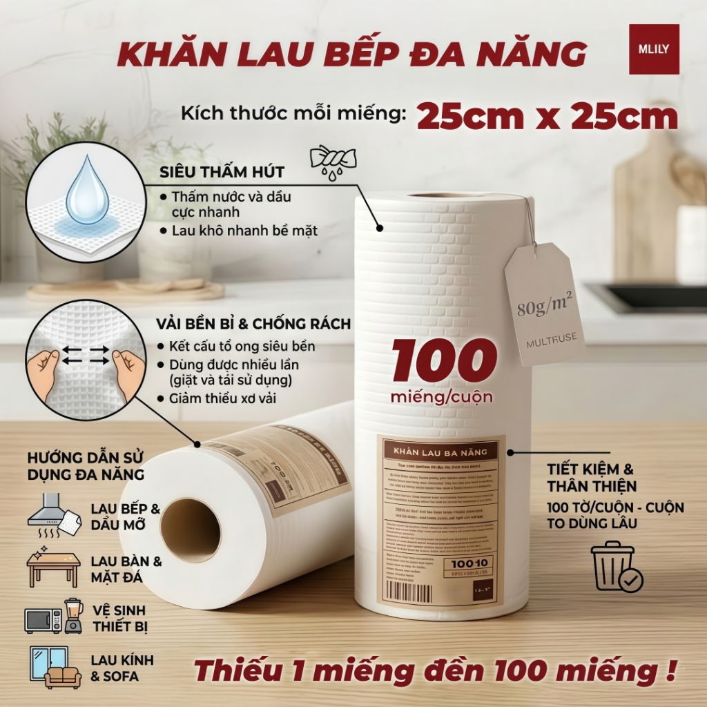 Khăn Lau Bếp Đa Năng MLILY Dạng Cuộn 100 Tờ 25x25cm Tăng Độ Dày Thấm Hút Mạnh Bền Dai
