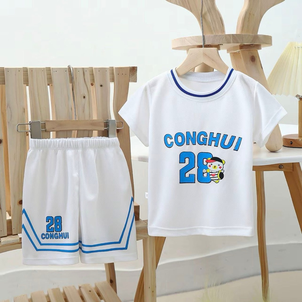 Bộ Thể Thao Trẻ Em CONGHUI 28 Áo Tay Ngắn Quần Short Chất Thun Mè Thoáng Mát Cho Bé Trai Bé Gái 8-40kg