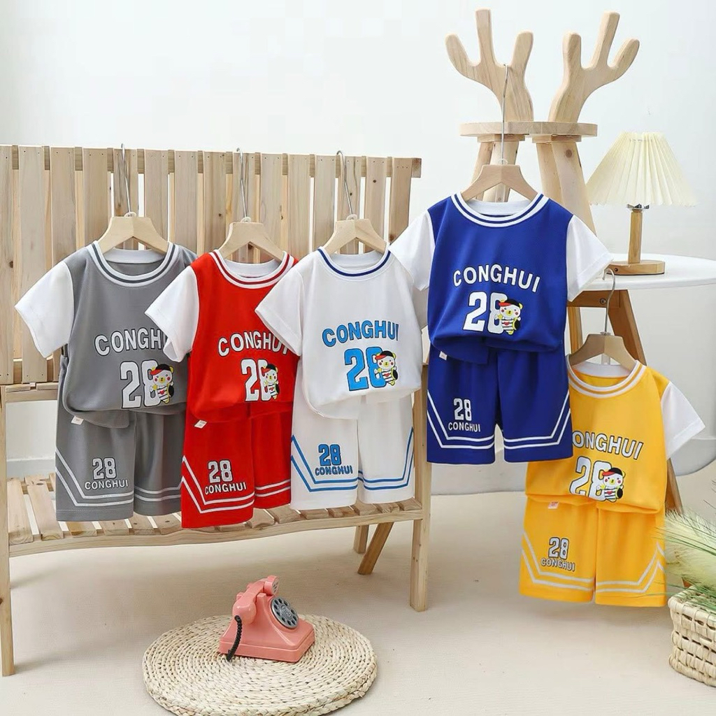 Bộ Thể Thao Trẻ Em CONGHUI 28 Áo Tay Ngắn Quần Short Chất Thun Mè Thoáng Mát Cho Bé Trai Bé Gái 8-40kg