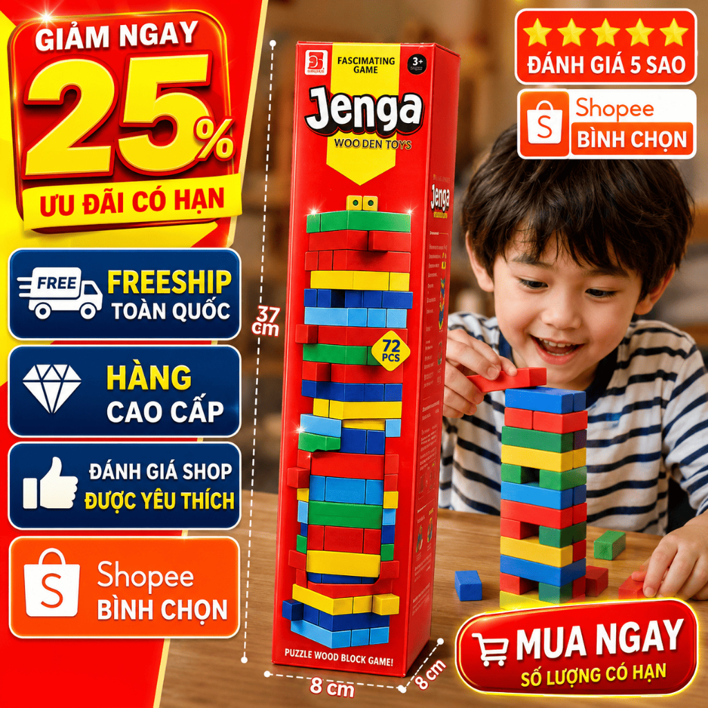 Bộ Rút Gỗ Jenga 72 Thanh Trò Chơi Trí Tuệ Cho Bé & Gia Đình Phát Triển Tư Duy Thông Minh