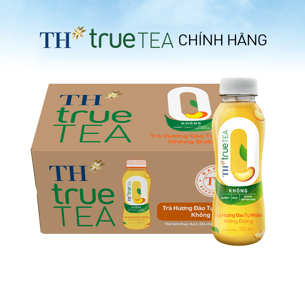 Thùng 24 chai Trà xanh tự nhiên Không Đường Hương Đào TH true TEA 350 ml