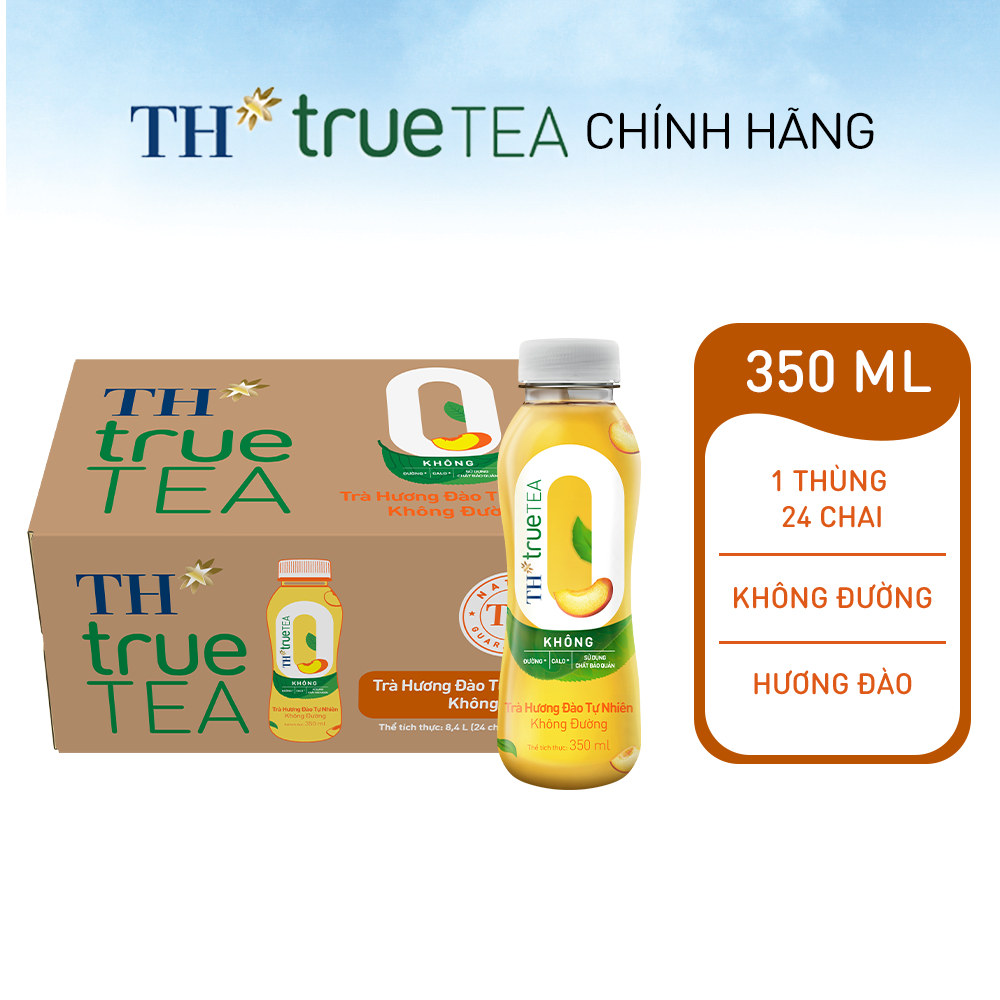 Thùng 24 chai Trà xanh tự nhiên Không Đường Hương Đào TH true TEA 350 ml
