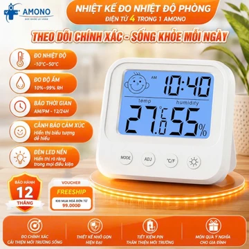 Nhiệt kế đo nhiệt độ phòng điện tử AMONO 4 trong 1 đo nhiệt độ, độ ẩm, báo thời gian, cảnh báo cảm xúc có đèn led