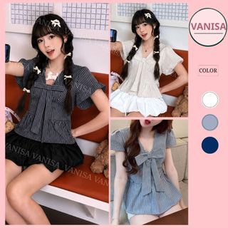Áo Kiểu Nữ Cổ Tim Phối Nơ Ngực Dáng Babydoll Tay Bồng sọc xanh đậm xanh nhạt Dịu Dàng VANISA SMS101