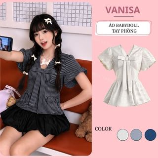 Áo Babydoll Nữ Cổ V Đính Nơ Form Xòe Che Dáng Chất Voan Mềm xanh đậm xanh nhạt trắng VANISA SMS101