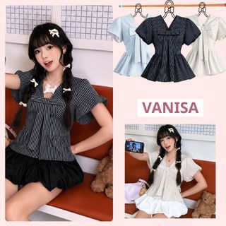 Áo Nữ Cổ Tim Chiết Eo Phối Nơ dáng babydoll Bánh Bèo Dễ Thương Trắng Xanh nhạt xanh đậm VANISA SMS101