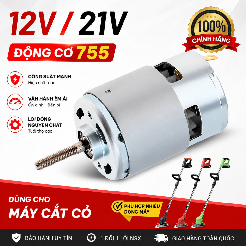Motor 775/755 12V 21V Máy Cắt Cỏ Pin Bạc Đạn Cốt Ren Kèm Đai Ốc M5 Chính Hãng Phụ Kiện Thay Thế