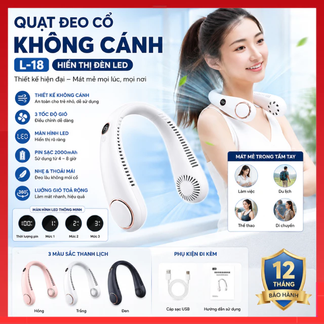 [Bản Nâng Cấp] Quạt đeo cổ không cánh L-18 có màn hình LED hiển thị, không cánh, không cuốn tóc, thiết kế thời trang