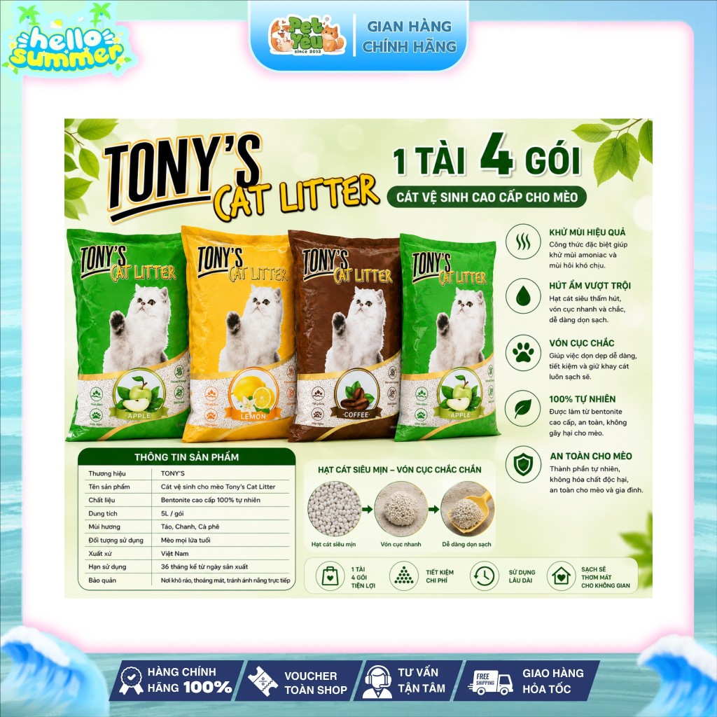 ( TẢI 4 GÓI 4KG = 16KG ) Cát Mèo Tony's Cat Litter Vón Cục Nhanh Khử Mùi Tốt.