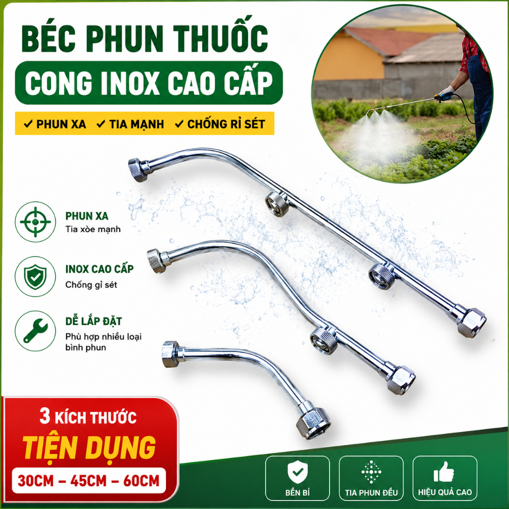 Cần Phun Xịt Thuốc Inox 1/2/3 Béc Quạt Phun Sương Siêu Mịn Cho Bình Xịt Điện Tưới Cây Phun Thuốc Sâu