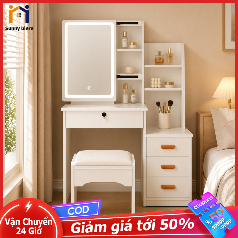 Bàn trang điểm có đèn LED 3 màu kèm ghế êm và tủ lưu trữ Gương có thể điều chỉnh vị trí 𝙎𝙐𝙉𝙉𝙔 𝘽𝙄𝙀𝙍𝙀